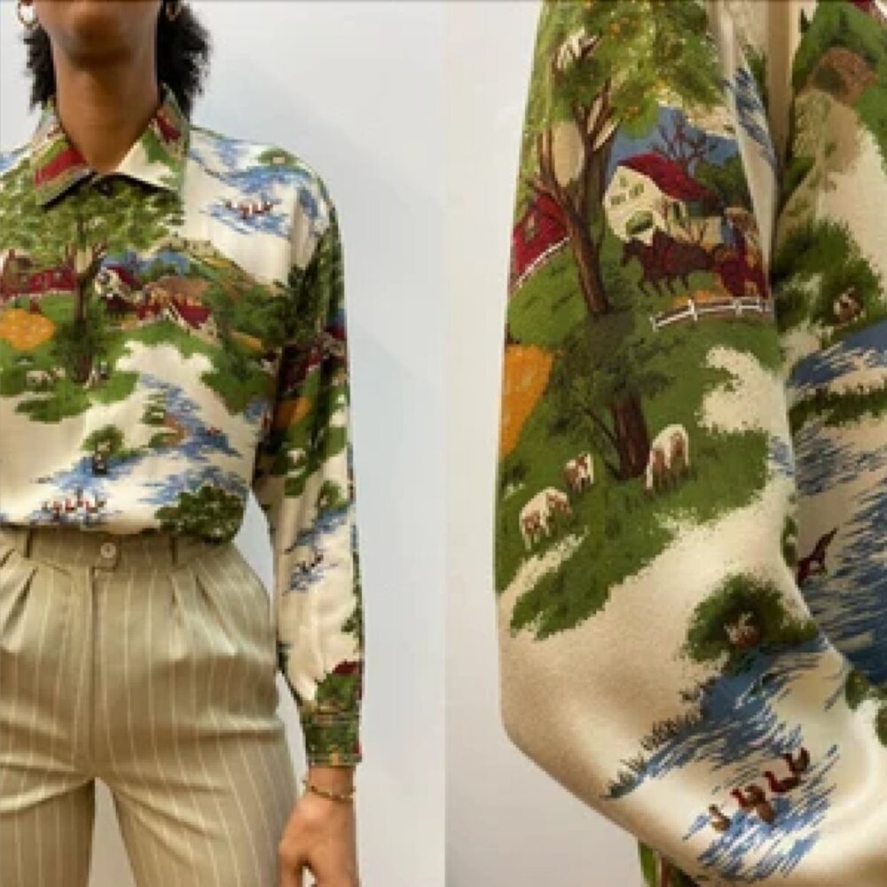 90’s painted farm print buttoned cotton shirt M/L